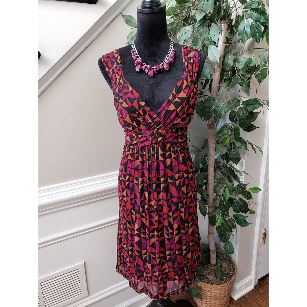 APT.9 Flared Dress Women Large Multi Geometric Print Pleated Skirt Surplice Neck